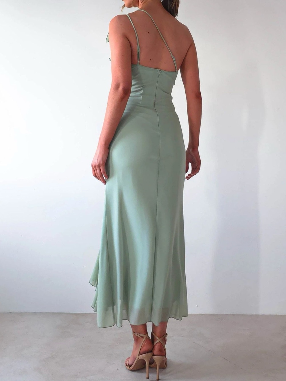 One-Shoulder Ruffle Slit Dress - Picture 5 of 12